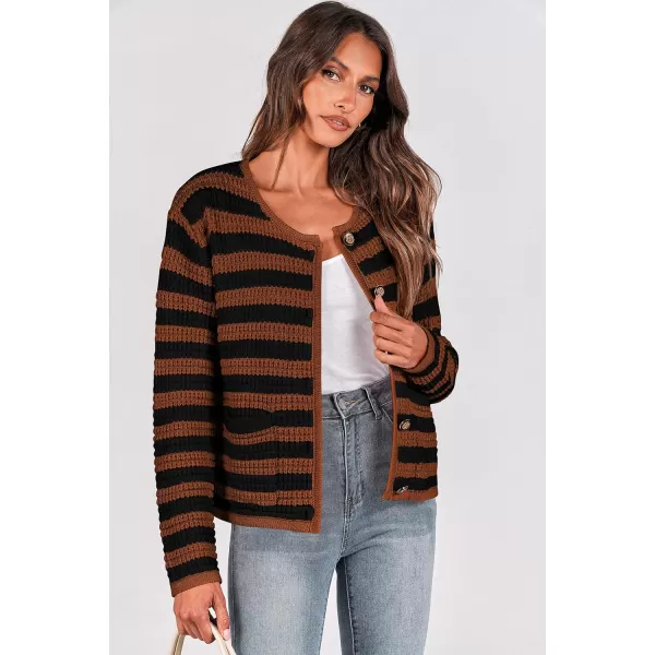 imagePRETTYGARDEN Open Front Cardigan Sweaters for Women Button Down Long Sleeve Casual Cute Knitted Shirts with PocketsStriped Caramelblack