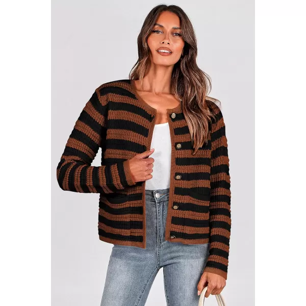 imagePRETTYGARDEN Open Front Cardigan Sweaters for Women Button Down Long Sleeve Casual Cute Knitted Shirts with PocketsStriped Caramelblack