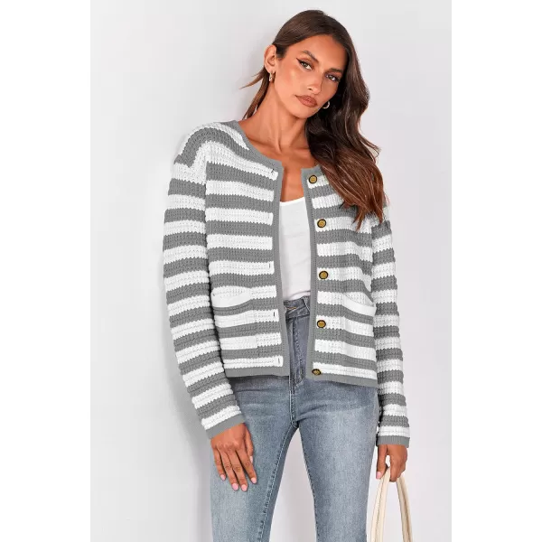 imagePRETTYGARDEN Open Front Cardigan Sweaters for Women Button Down Long Sleeve Casual Cute Knitted Shirts with PocketsStriped Greywhite