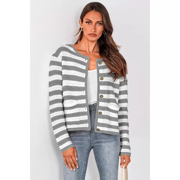 imagePRETTYGARDEN Open Front Cardigan Sweaters for Women Button Down Long Sleeve Casual Cute Knitted Shirts with PocketsStriped Greywhite