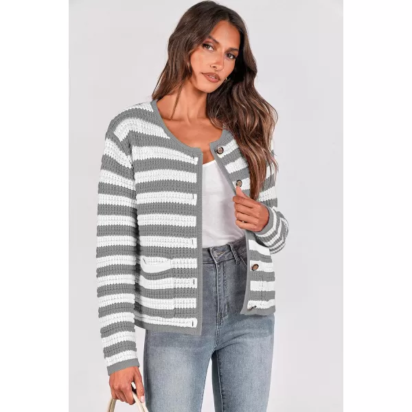 imagePRETTYGARDEN Open Front Cardigan Sweaters for Women Button Down Long Sleeve Casual Cute Knitted Shirts with PocketsStriped Greywhite