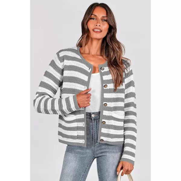 imagePRETTYGARDEN Open Front Cardigan Sweaters for Women Button Down Long Sleeve Casual Cute Knitted Shirts with PocketsStriped Greywhite