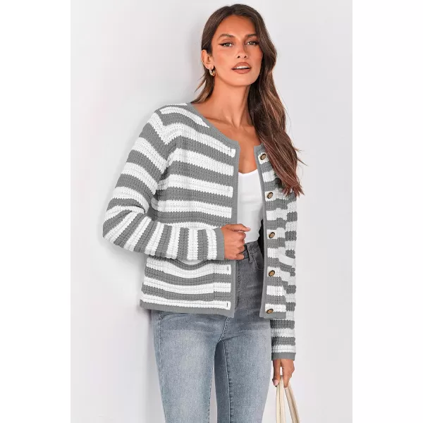 imagePRETTYGARDEN Open Front Cardigan Sweaters for Women Button Down Long Sleeve Casual Cute Knitted Shirts with PocketsStriped Greywhite