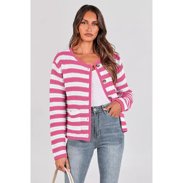imagePRETTYGARDEN Open Front Cardigan Sweaters for Women Button Down Long Sleeve Casual Cute Knitted Shirts with PocketsStriped Pinkwhite