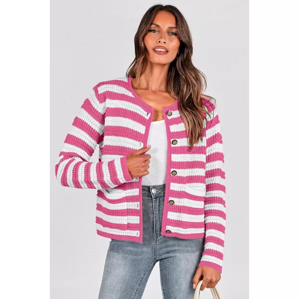 imagePRETTYGARDEN Open Front Cardigan Sweaters for Women Button Down Long Sleeve Casual Cute Knitted Shirts with PocketsStriped Pinkwhite