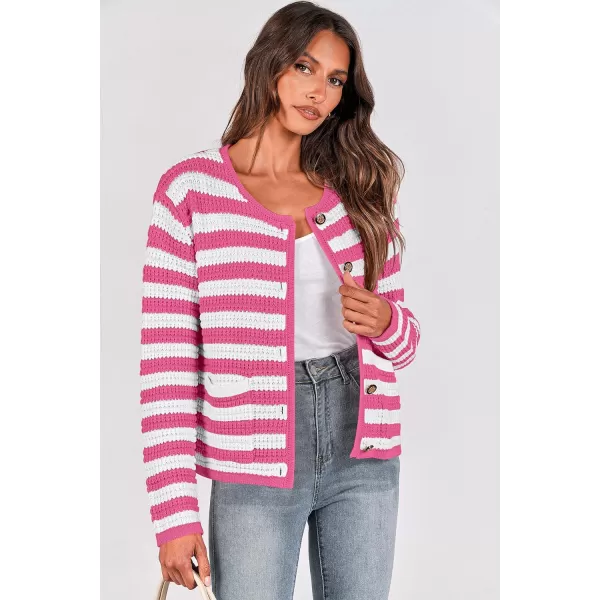 imagePRETTYGARDEN Open Front Cardigan Sweaters for Women Button Down Long Sleeve Casual Cute Knitted Shirts with PocketsStriped Pinkwhite