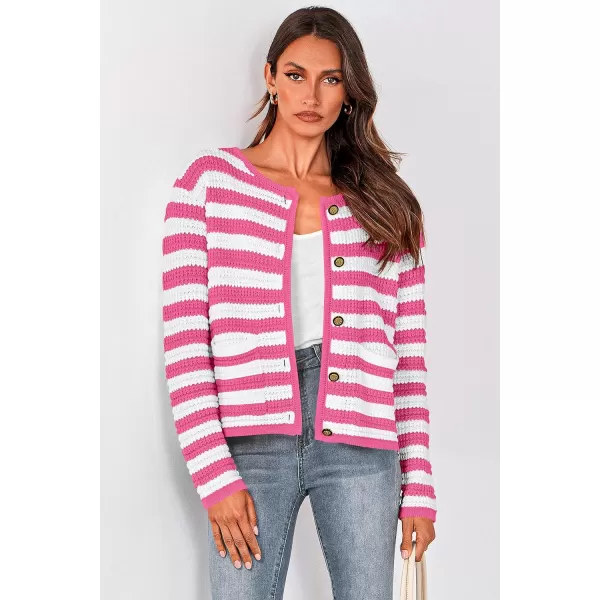imagePRETTYGARDEN Open Front Cardigan Sweaters for Women Button Down Long Sleeve Casual Cute Knitted Shirts with PocketsStriped Pinkwhite