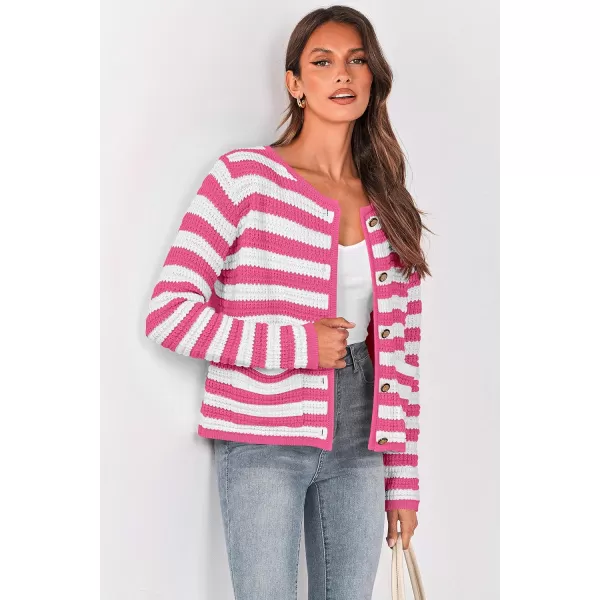 imagePRETTYGARDEN Open Front Cardigan Sweaters for Women Button Down Long Sleeve Casual Cute Knitted Shirts with PocketsStriped Pinkwhite