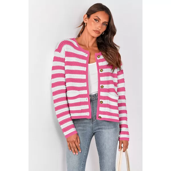imagePRETTYGARDEN Open Front Cardigan Sweaters for Women Button Down Long Sleeve Casual Cute Knitted Shirts with PocketsStriped Pinkwhite