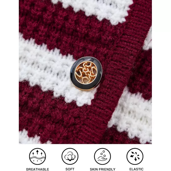imagePRETTYGARDEN Open Front Cardigan Sweaters for Women Button Down Long Sleeve Casual Cute Knitted Shirts with PocketsStriped Wine Redwhite