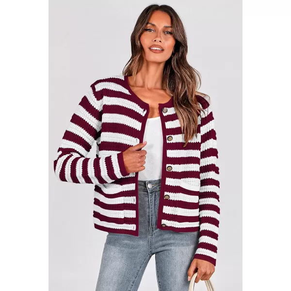 imagePRETTYGARDEN Open Front Cardigan Sweaters for Women Button Down Long Sleeve Casual Cute Knitted Shirts with PocketsStriped Wine Redwhite