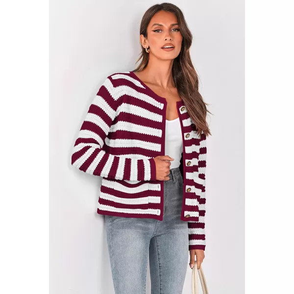 imagePRETTYGARDEN Open Front Cardigan Sweaters for Women Button Down Long Sleeve Casual Cute Knitted Shirts with PocketsStriped Wine Redwhite