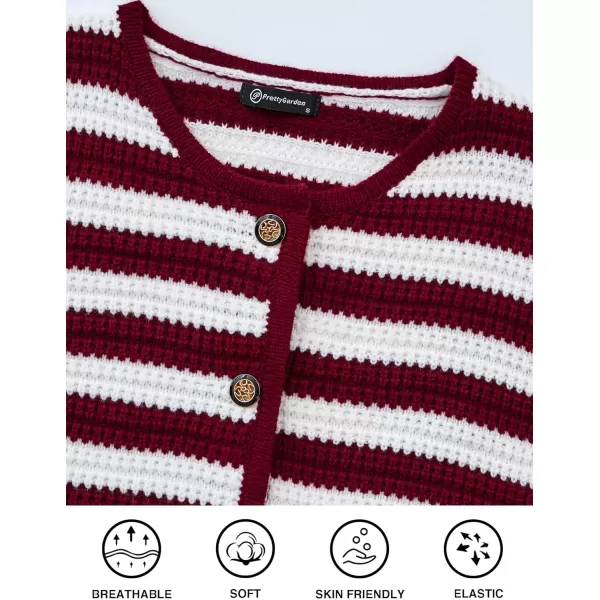 imagePRETTYGARDEN Open Front Cardigan Sweaters for Women Button Down Long Sleeve Casual Cute Knitted Shirts with PocketsStriped Wine Redwhite