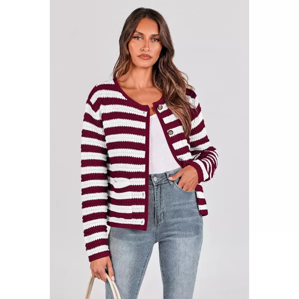 imagePRETTYGARDEN Open Front Cardigan Sweaters for Women Button Down Long Sleeve Casual Cute Knitted Shirts with PocketsStriped Wine Redwhite