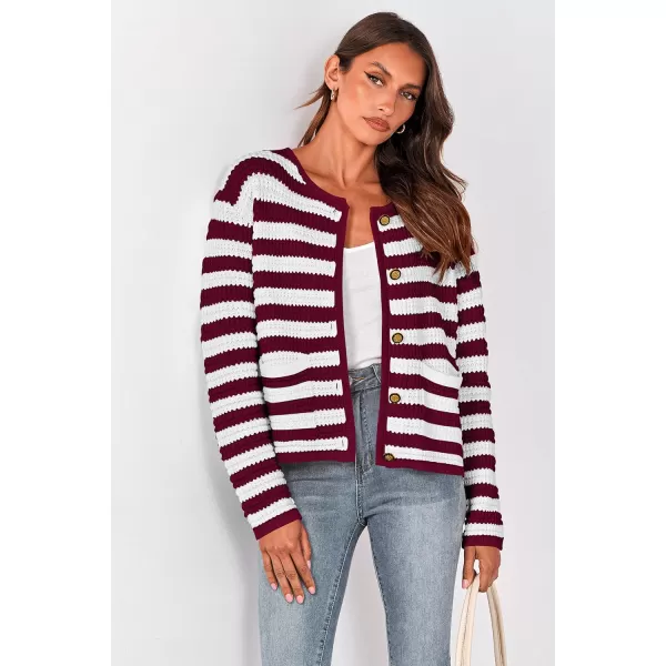 imagePRETTYGARDEN Open Front Cardigan Sweaters for Women Button Down Long Sleeve Casual Cute Knitted Shirts with PocketsStriped Wine Redwhite