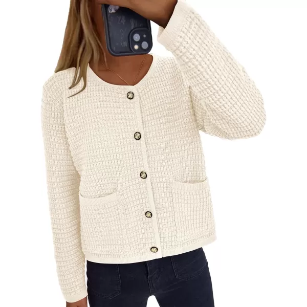 imagePRETTYGARDEN Open Front Cardigan Sweaters for Women Button Down Long Sleeve Casual Cute Knitted Shirts with PocketsWhite