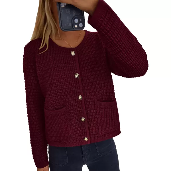 imagePRETTYGARDEN Open Front Cardigan Sweaters for Women Button Down Long Sleeve Casual Cute Knitted Shirts with PocketsWine Red
