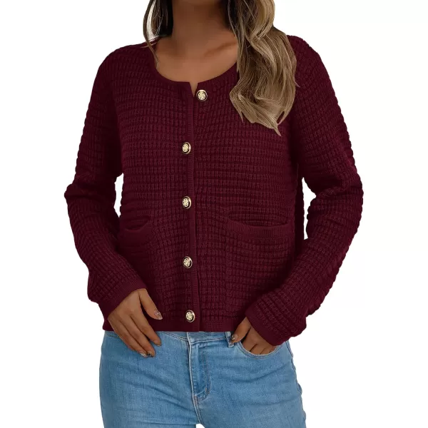 imagePRETTYGARDEN Open Front Cardigan Sweaters for Women Button Down Long Sleeve Casual Cute Knitted Shirts with PocketsWine Red