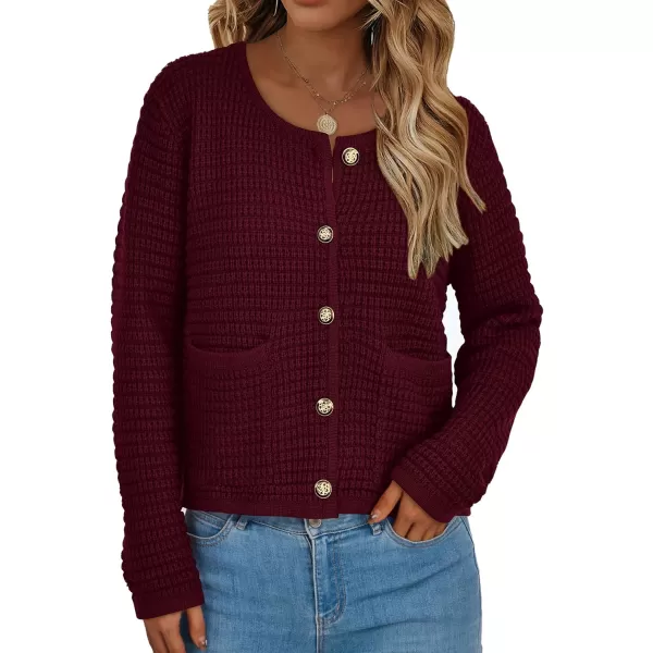 imagePRETTYGARDEN Open Front Cardigan Sweaters for Women Button Down Long Sleeve Casual Cute Knitted Shirts with PocketsWine Red