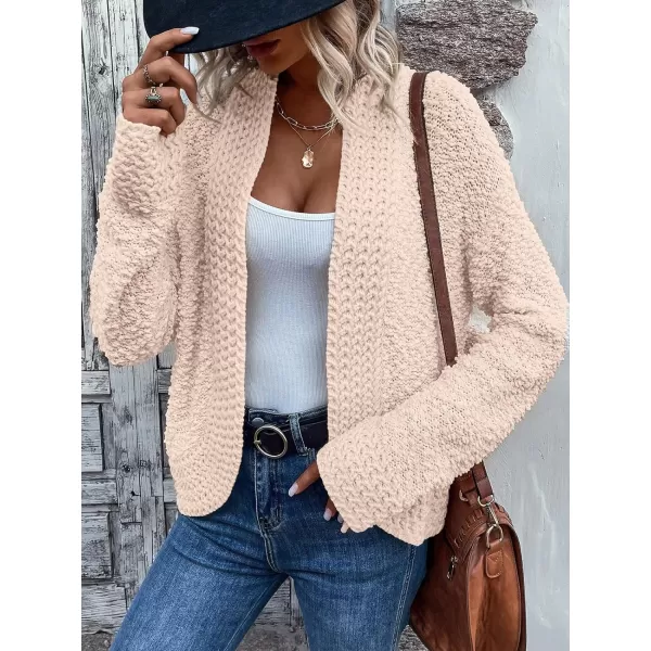 imagePRETTYGARDEN Open Front Fall Sweaters for Women 2023 Popcorn Long Sleeve Cardigan Knit Oversized Sherpa Sweater CoatApricot