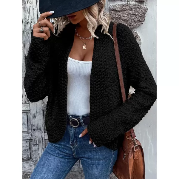 imagePRETTYGARDEN Open Front Fall Sweaters for Women 2023 Popcorn Long Sleeve Cardigan Knit Oversized Sherpa Sweater CoatBlack