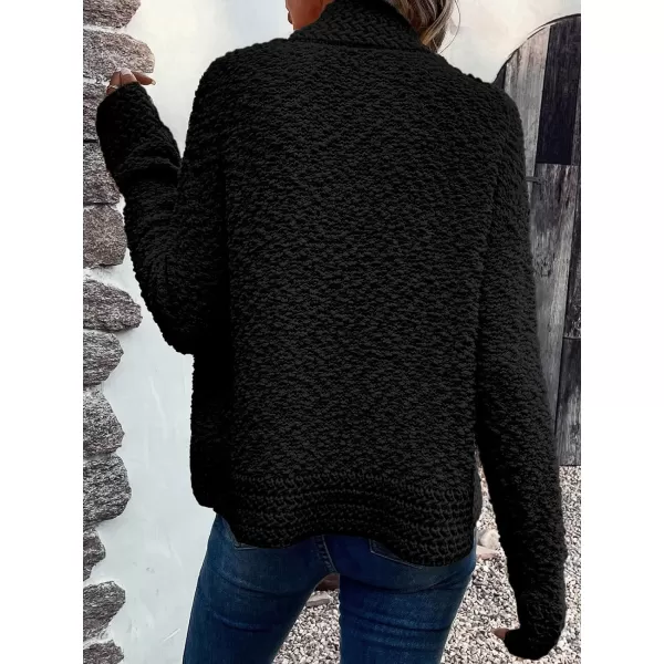 imagePRETTYGARDEN Open Front Fall Sweaters for Women 2023 Popcorn Long Sleeve Cardigan Knit Oversized Sherpa Sweater CoatBlack
