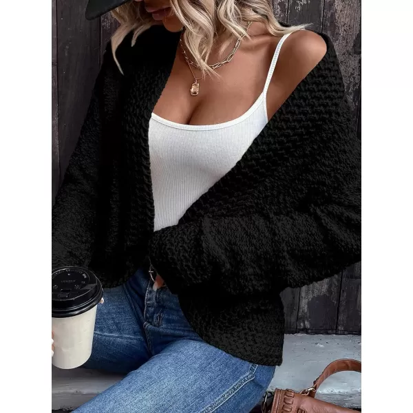 imagePRETTYGARDEN Open Front Fall Sweaters for Women 2023 Popcorn Long Sleeve Cardigan Knit Oversized Sherpa Sweater CoatBlack
