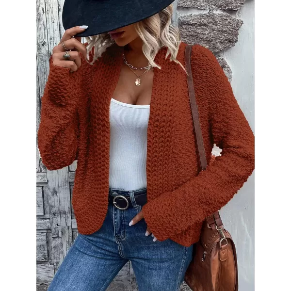 imagePRETTYGARDEN Open Front Fall Sweaters for Women 2023 Popcorn Long Sleeve Cardigan Knit Oversized Sherpa Sweater CoatBrick Red