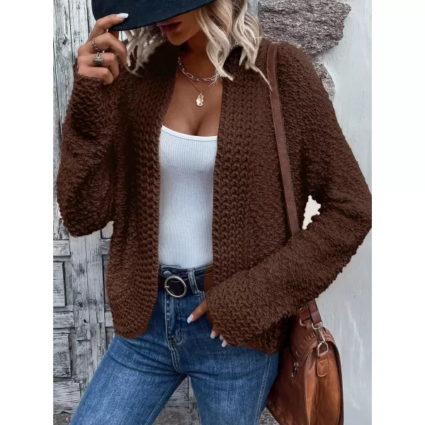 imagePRETTYGARDEN Open Front Fall Sweaters for Women 2023 Popcorn Long Sleeve Cardigan Knit Oversized Sherpa Sweater CoatDark Coffee