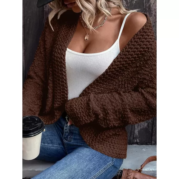 imagePRETTYGARDEN Open Front Fall Sweaters for Women 2023 Popcorn Long Sleeve Cardigan Knit Oversized Sherpa Sweater CoatDark Coffee