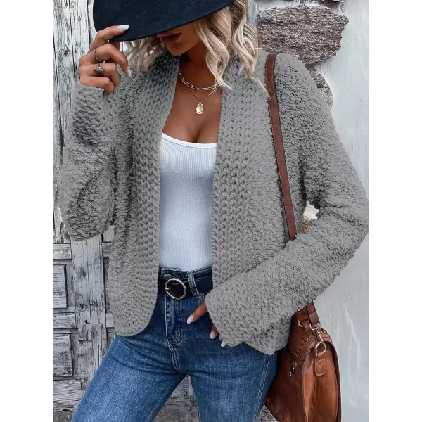 imagePRETTYGARDEN Open Front Fall Sweaters for Women 2023 Popcorn Long Sleeve Cardigan Knit Oversized Sherpa Sweater CoatGrey