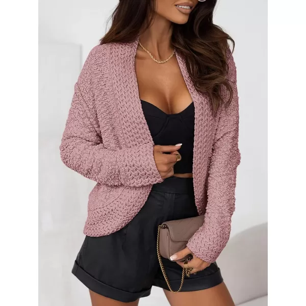 imagePRETTYGARDEN Open Front Fall Sweaters for Women 2023 Popcorn Long Sleeve Cardigan Knit Oversized Sherpa Sweater CoatPink