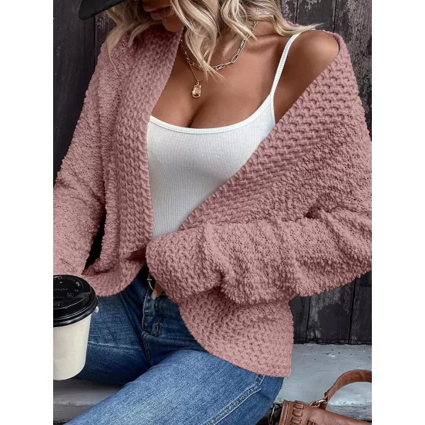 imagePRETTYGARDEN Open Front Fall Sweaters for Women 2023 Popcorn Long Sleeve Cardigan Knit Oversized Sherpa Sweater CoatPink