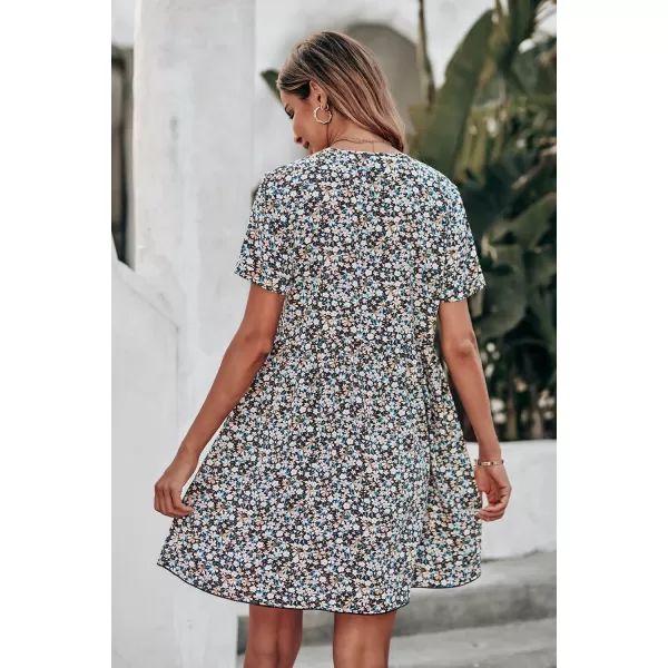 imagePRETTYGARDEN Summer Dress for Women 2023 Short Sleeve V Neck Ruffle Floral Swing ALine Short DressesBlack