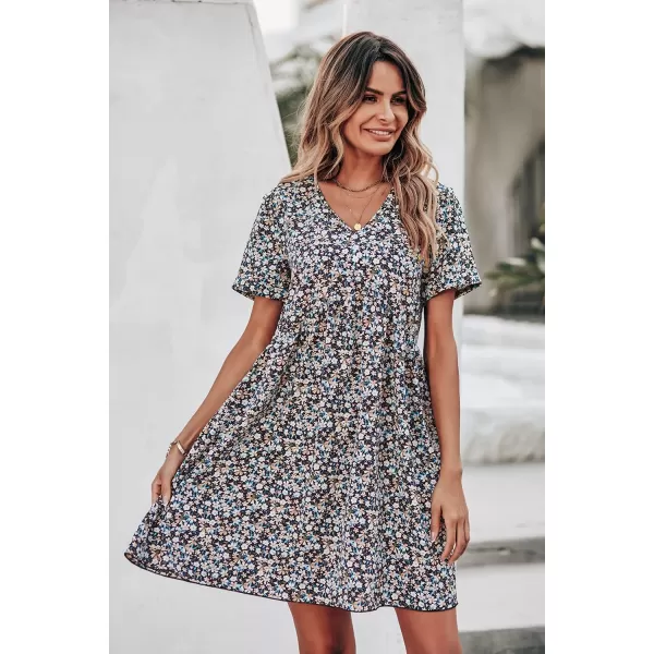 imagePRETTYGARDEN Summer Dress for Women 2023 Short Sleeve V Neck Ruffle Floral Swing ALine Short DressesBlack