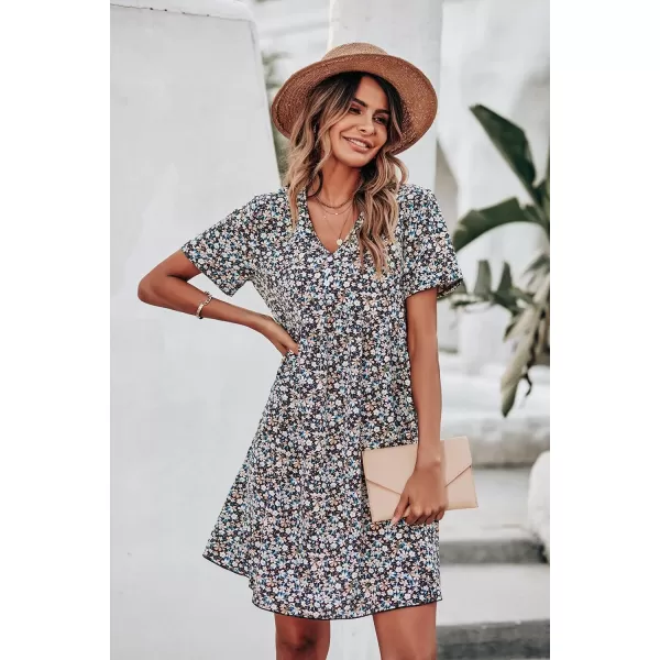 imagePRETTYGARDEN Summer Dress for Women 2023 Short Sleeve V Neck Ruffle Floral Swing ALine Short DressesBlack