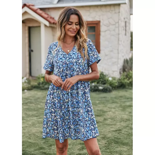 imagePRETTYGARDEN Summer Dress for Women 2023 Short Sleeve V Neck Ruffle Floral Swing ALine Short DressesBlue