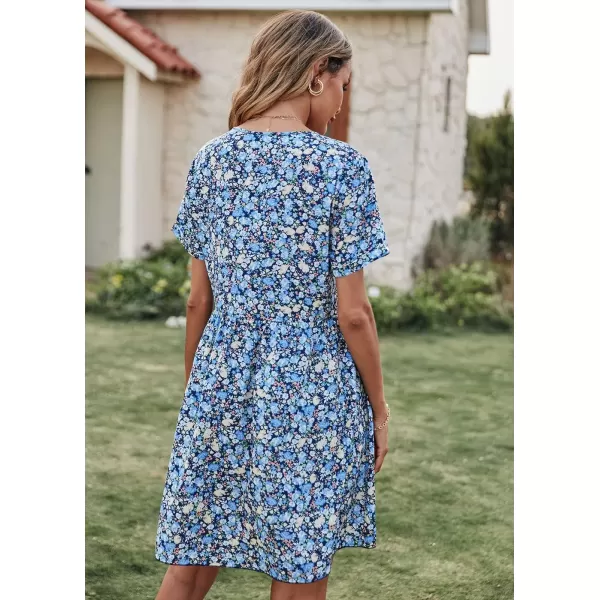 imagePRETTYGARDEN Summer Dress for Women 2023 Short Sleeve V Neck Ruffle Floral Swing ALine Short DressesBlue