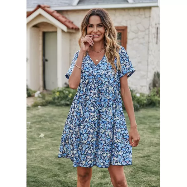 imagePRETTYGARDEN Summer Dress for Women 2023 Short Sleeve V Neck Ruffle Floral Swing ALine Short DressesBlue
