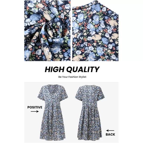 imagePRETTYGARDEN Summer Dress for Women 2023 Short Sleeve V Neck Ruffle Floral Swing ALine Short DressesBlue