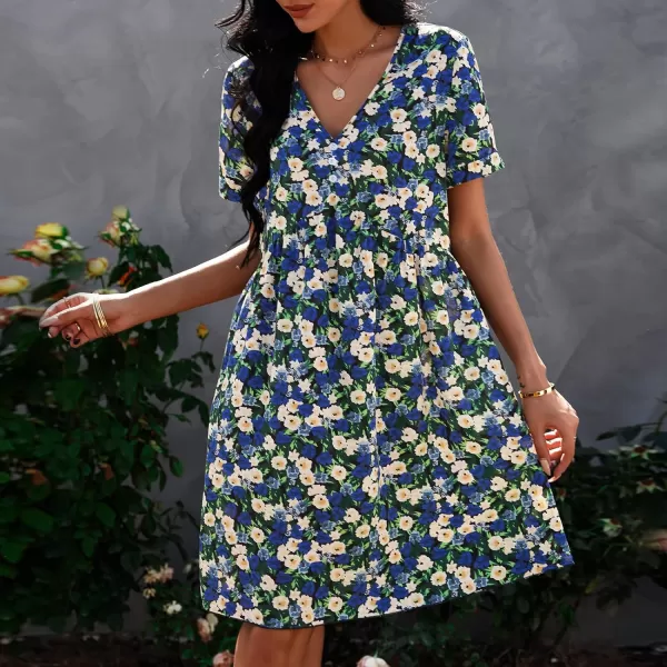 imagePRETTYGARDEN Summer Dress for Women 2023 Short Sleeve V Neck Ruffle Floral Swing ALine Short DressesBlue White