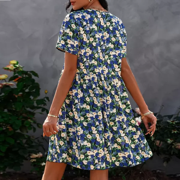 imagePRETTYGARDEN Summer Dress for Women 2023 Short Sleeve V Neck Ruffle Floral Swing ALine Short DressesBlue White