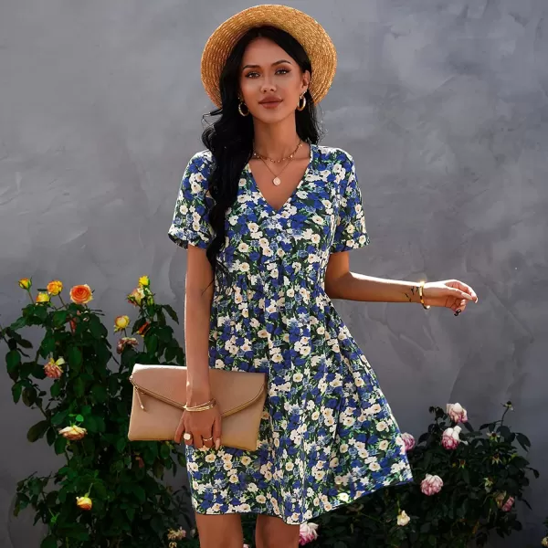 imagePRETTYGARDEN Summer Dress for Women 2023 Short Sleeve V Neck Ruffle Floral Swing ALine Short DressesBlue White