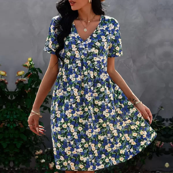 imagePRETTYGARDEN Summer Dress for Women 2023 Short Sleeve V Neck Ruffle Floral Swing ALine Short DressesBlue White