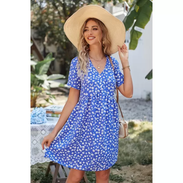imagePRETTYGARDEN Summer Dress for Women 2023 Short Sleeve V Neck Ruffle Floral Swing ALine Short DressesBlue White Floral