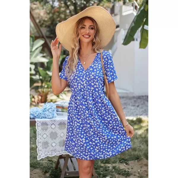 imagePRETTYGARDEN Summer Dress for Women 2023 Short Sleeve V Neck Ruffle Floral Swing ALine Short DressesBlue White Floral
