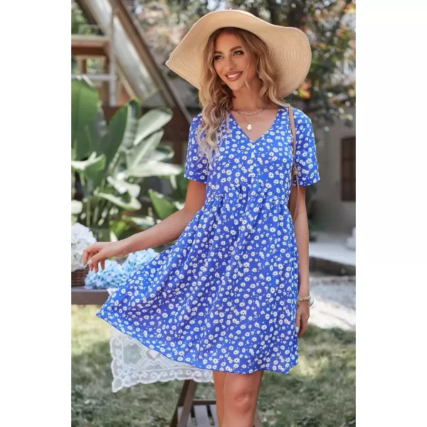 imagePRETTYGARDEN Summer Dress for Women 2023 Short Sleeve V Neck Ruffle Floral Swing ALine Short DressesBlue White Floral