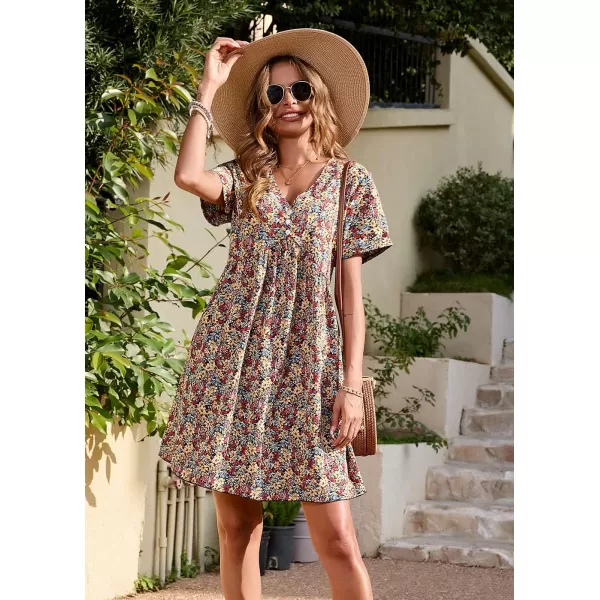 imagePRETTYGARDEN Summer Dress for Women 2023 Short Sleeve V Neck Ruffle Floral Swing ALine Short DressesOrange