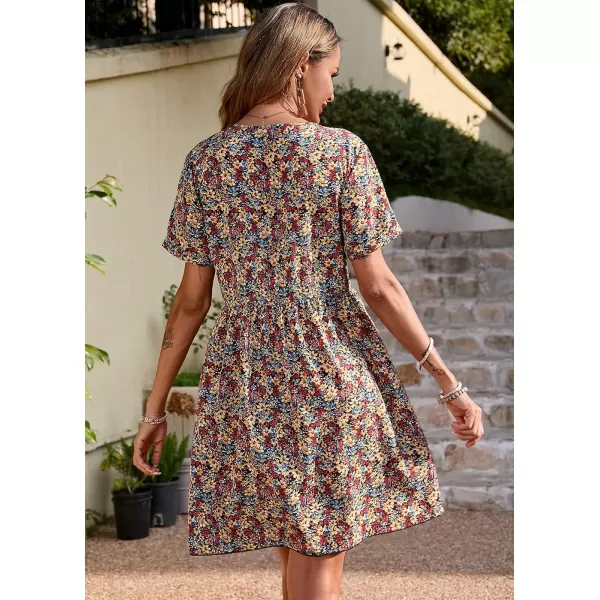 imagePRETTYGARDEN Summer Dress for Women 2023 Short Sleeve V Neck Ruffle Floral Swing ALine Short DressesOrange