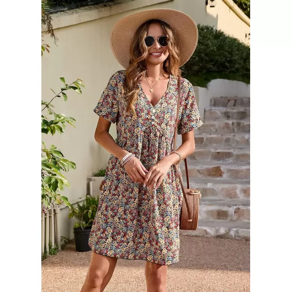 imagePRETTYGARDEN Summer Dress for Women 2023 Short Sleeve V Neck Ruffle Floral Swing ALine Short DressesOrange